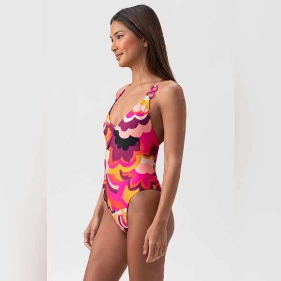 NWT WOMEN'S FAN FAIRE TWIST BACK HALTER PLUNGE ONE PIECE SWIMSUIT - Picture 4 of 14